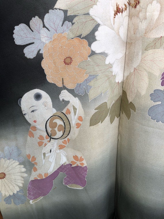 Vintage Japanese Black Silk Kimono with Orange, B… - image 9