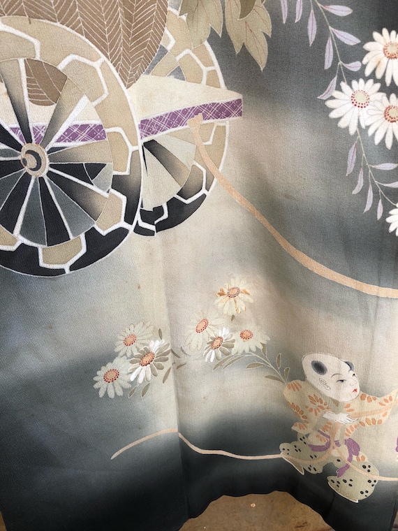 Vintage Japanese Black Silk Kimono with Orange, B… - image 6