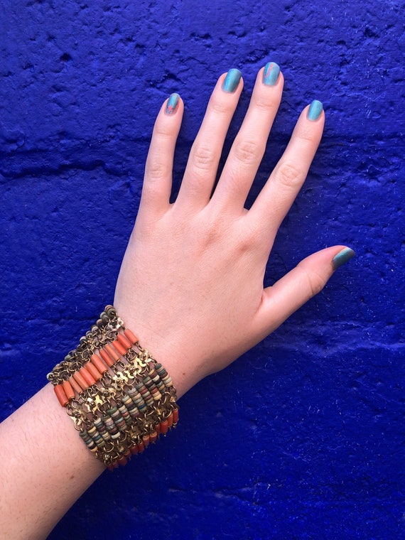 Vintage Egyptian Revival Coral Bracelet, Gold Gilt