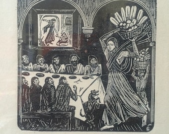 Classic Mexican Woodcut Woman Delivering Bread to Men