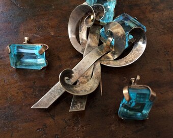 Unusual Vintage Sterling and Aqua Brooch/Earring Clips