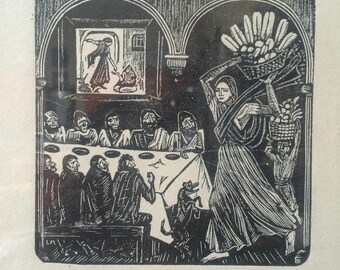 Classic Mexican Woodcut Woman Delivering Bread to Men