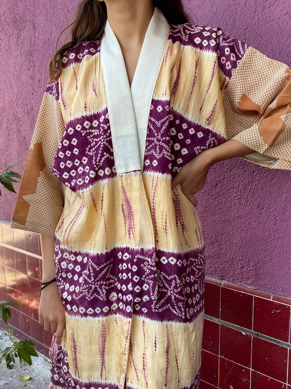 Vintage Silk Purple and Butter Yellow Kimono Jacke