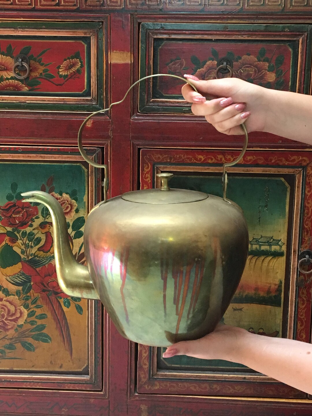 Vintage Large Brass Chinese Teapot Etsy