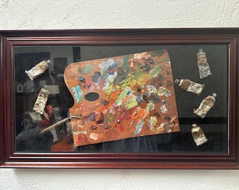 Vintage Framed Artist Palette and Tubes Of Paint