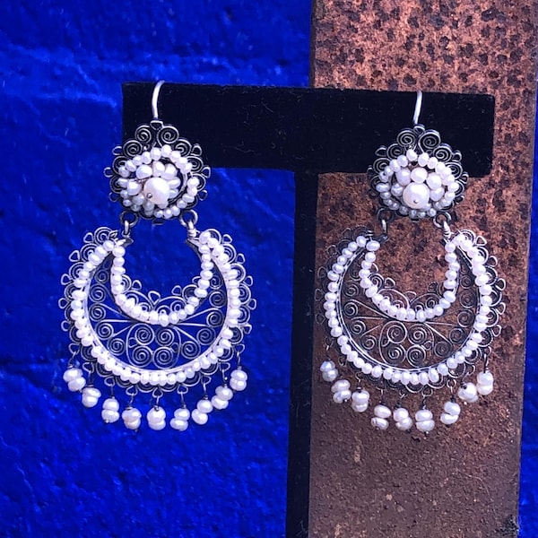 Vintage Mexican Style Federico Jimenez Sterling Silver and Pearl Earrings