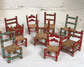 Vintage Hand-painted Dollhouse Folk Art Chair Set
