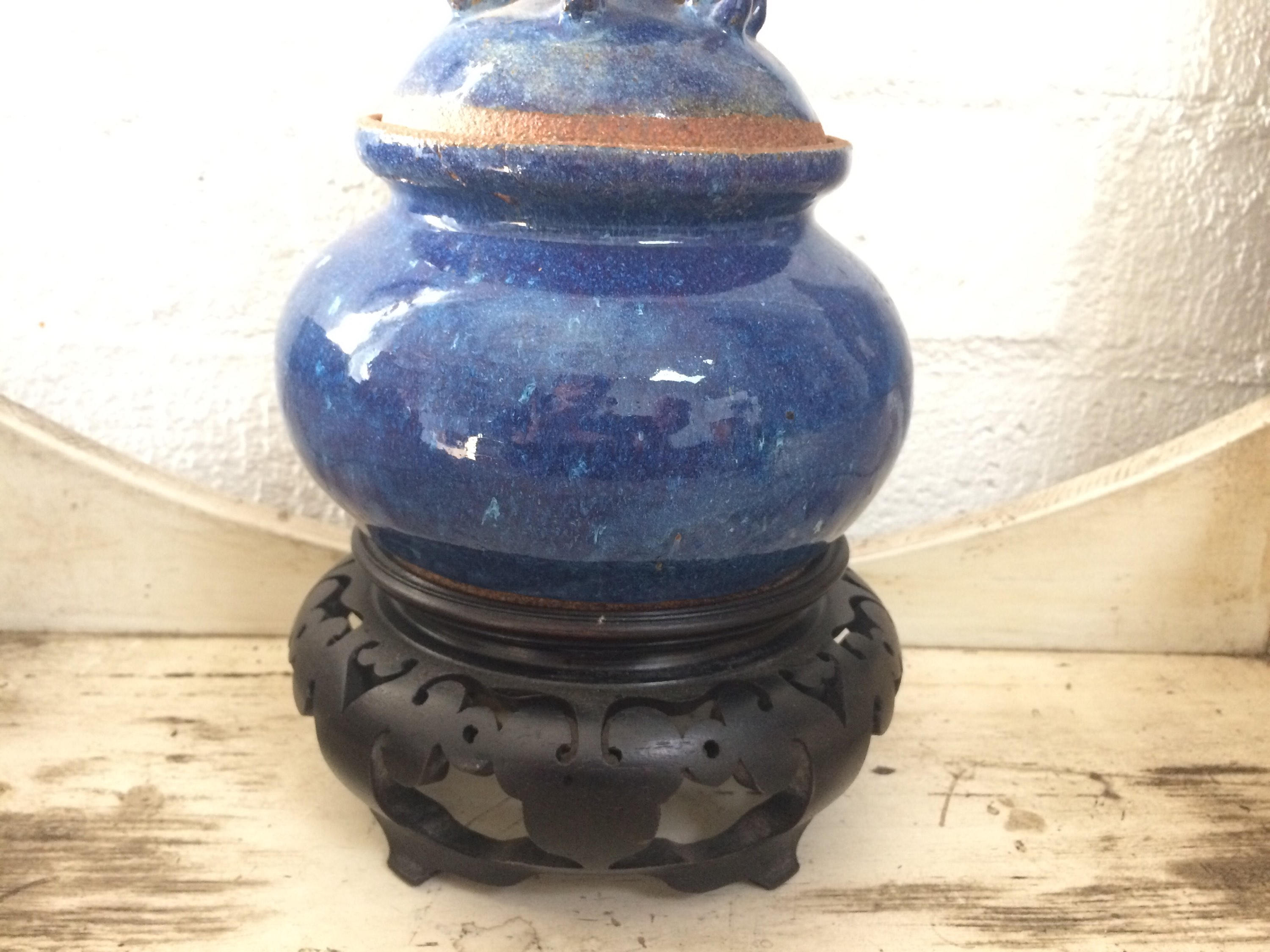 Blue Ceramic Urn Vase with Elaborate Sculptural Top Asian Etsy