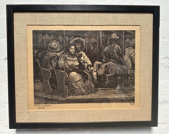 Vintage Mexican Black and White Linocut Print “The Carosel” by Leopoldo Mendez