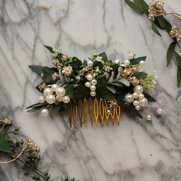 eucalyptus pearl bridal comb babys breath Bridal hair piece green dried flower pearl comb spring wedding hair accessory bridal floral comb
