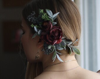 Eucalyptus hair comb greenery southwestern wedding red flower hair vine burgundy flower comb eucalyptus red flower hair comb floral hair pin