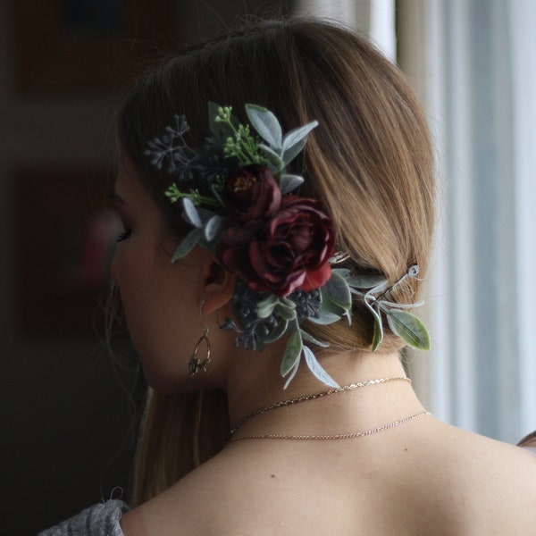 Eucalyptus hair comb greenery southwestern wedding red flower hair vine burgundy flower comb eucalyptus red flower hair comb floral hair pin