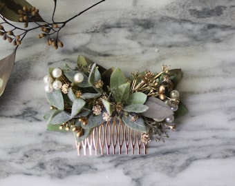 greenery eucalyptus Hair comb gold Bridalpearl hair comb boho dried flower pearl comb wedding  bridal floral hair piece  winter wedding