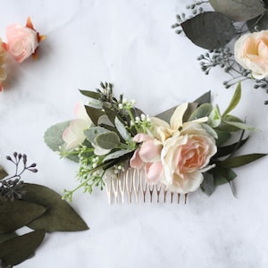 Eucalyptus hair comb greenery peach Bridal hair vine boho blush flower comb bridal hair piece woodland flower hair comb veil alternative