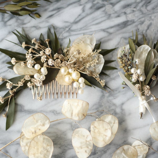 eucalyptus Hair comb boutonniere SET greenery gold buttonhole pearl flower comb woodland dried flower lunaria comb bridal hair piece SET