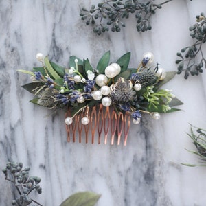 blue lavender thistle hair comb greenery  Bridal hair piece dried eucalyptus comb bridal hair piece woodland flower hair comb floral comb