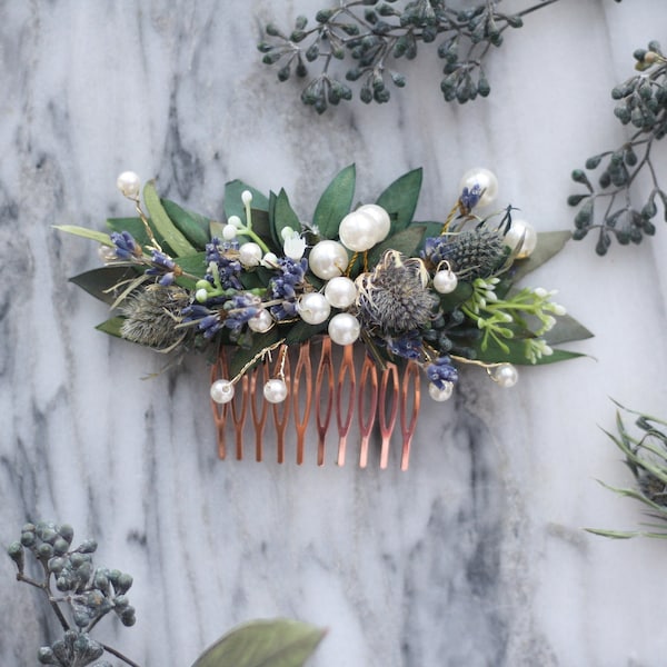 blue lavender thistle hair comb greenery  Bridal hair piece dried eucalyptus comb bridal hair piece woodland flower hair comb floral comb