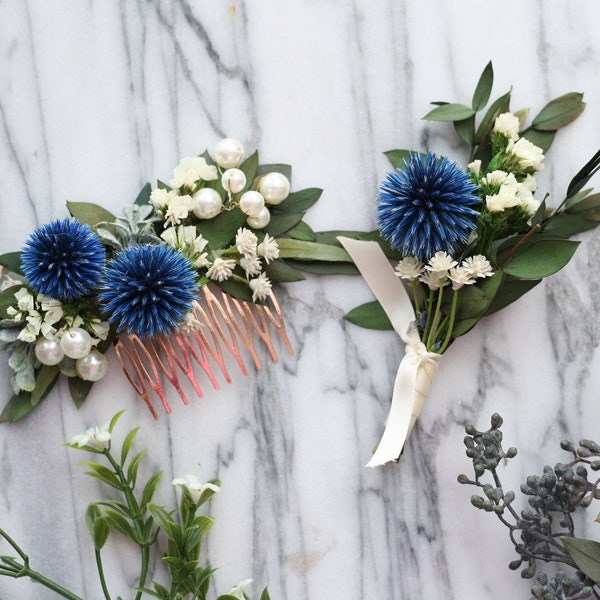 bleu floral chardon peigne cheveux verdure morceau de cheveux de mariée peigne d’eucalyptus séché morceau de poil de mariée bois fleur peigne floral peigne floral
