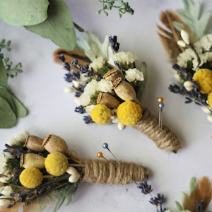 dried flower boutonniere lapel pin yellow flower boutonniere lavender Groomsmen buttonhole natural greenery flower boutonniere MEADOW image 1