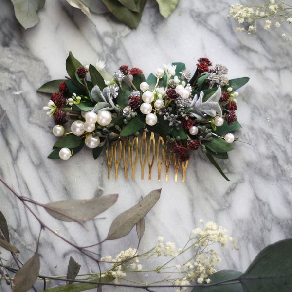 eucalyptus pearl bridal comb babys breath Bridal burgundy dried flower pearl comb spring wedding hair red accessory bridal floral comb