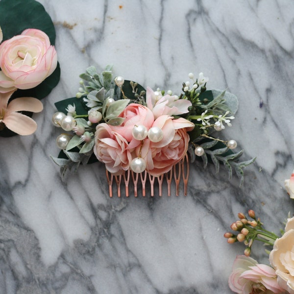 Pink Eucalyptus Hair comb pearl bridal hair piece pearl blush wedding comb pearl blush hair comb, light coral flower comb, blush floral comb