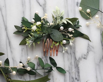 eucalyptus pearl bridal comb greenery Bridal hair piece foliage green dried flower pearl comb wedding hair eucalyptus bridal floral comb