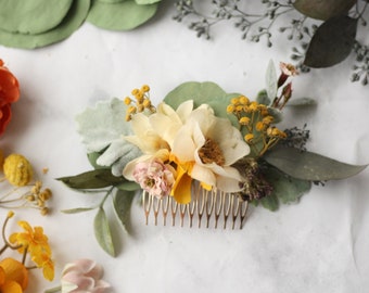 Eucalyptus hair comb greenery peach Bridal hair vine boho blush flower comb yellow bridal hair piece woodland hair comb veil alternative