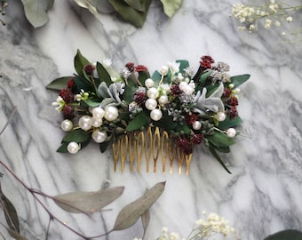 eucalyptus pearl bridal comb babys breath Bridal burgundy dried flower pearl comb spring wedding hair red accessory bridal floral comb