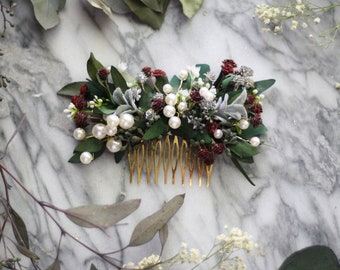 eucalyptus pearl bridal comb babys breath Bridal burgundy dried flower pearl comb spring wedding burgundy hair accessory bridal floral comb