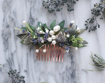 blue lavender thistle hair comb greenery  Bridal hair piece dried eucalyptus comb bridal hair piece woodland flower hair comb floral comb