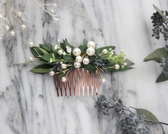 eucalyptus pearl bridal comb greenery Bridal hair piece boho green dried flower pearl comb spring wedding hair accessory bridal floral comb