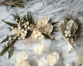 eucalyptus Hair comb boutonniere SET greenery gold buttonhole pearl flower comb woodland dried flower lunaria comb bridal hair piece SET