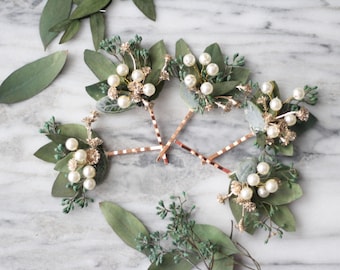 eucalyptus Hair pin Pearl gold Bridal hair clip boho greenery pearl pin wedding dry flower hair accessory floral hair piece wedding piece