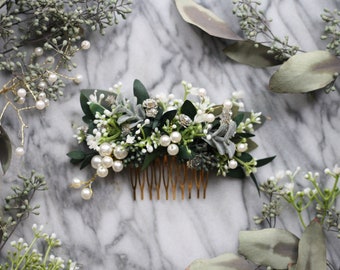 eucalyptus pearl bridal comb babys breath Bridal hair piece green dried flower pearl comb spring wedding hair accessory bridal floral comb