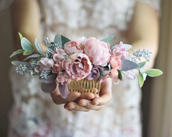 Eucalyptus half crown pink crown flower greenery flower crown blush Bridal hair vine pink bridal comb eucalyptus hair peony comb JOLIE