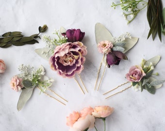 dried Eucalyptus Hair pin SET bridal hair piece purple flower pin blush flower bobby pin coral dried flower bridal comb southwestern wedding