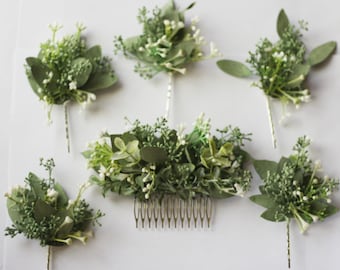 Eucalyptus hair comb pin set greenery baby breath comb hair vine boho flower comb green bridal hair piece woodland hair comb floral hair pin