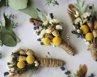 dried flower boutonniere lapel pin yellow flower boutonniere lavender Groomsmen buttonhole natural greenery flower boutonniere MEADOW