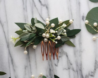 eucalyptus pearl bridal comb greenery Bridal hair piece boho green dried flower pearl comb eucalyptus wedding foliage bridal floral comb