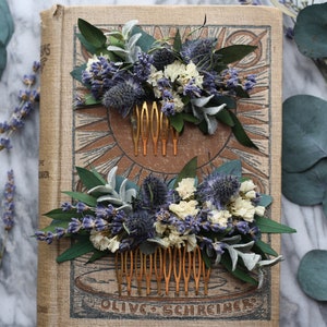 blue lavender thistle hair comb greenery Bridal hair piece dried eucalyptus comb bridal hair piece woodland flower hair comb floral comb image 8