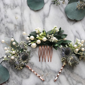 greenery Hair comb eucalyptus thistle Bridal hair comb boho pearl comb wedding dried flower comb bridal floral hair piece southwestern
