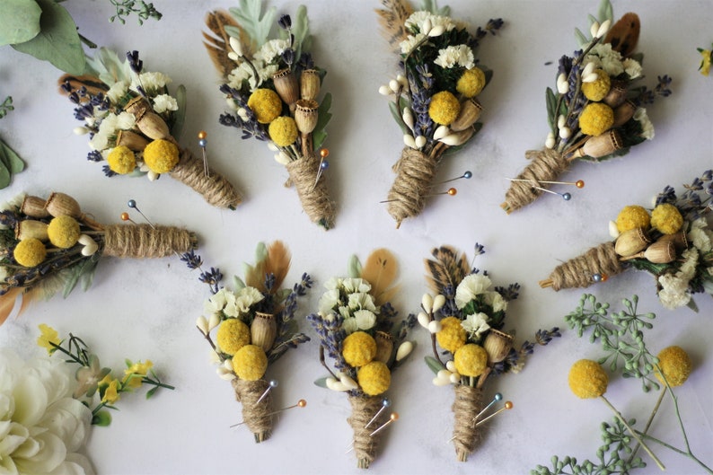 dried flower boutonniere lapel pin yellow flower boutonniere lavender Groomsmen buttonhole natural greenery flower boutonniere MEADOW image 3