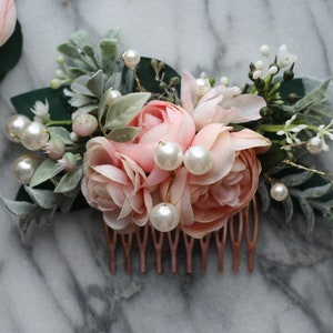 Pink Eucalyptus Hair comb pearl bridal hair piece pearl blush wedding comb pearl blush hair comb, light coral flower comb, blush floral comb image 2