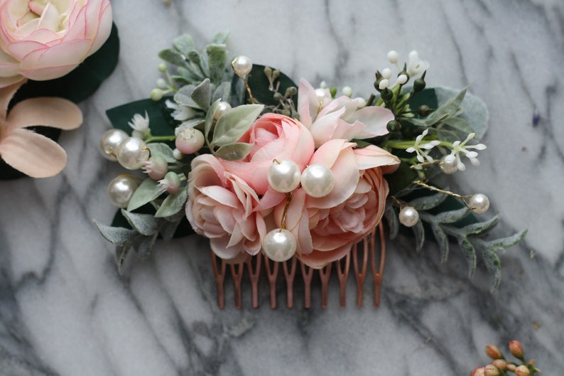 Pink Eucalyptus Hair comb pearl bridal hair piece pearl blush wedding comb pearl blush hair comb, light coral flower comb, blush floral comb image 2