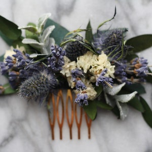 blue lavender thistle hair comb greenery Bridal hair piece dried eucalyptus comb bridal hair piece woodland flower hair comb floral comb image 2