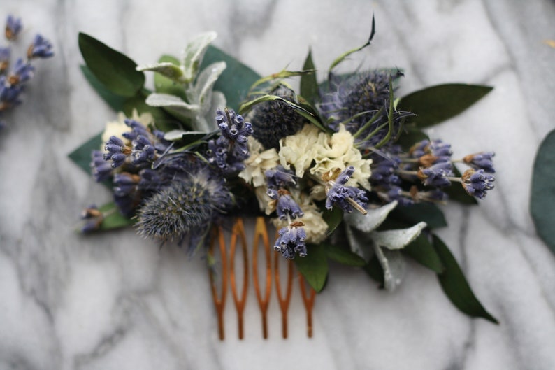 blue lavender thistle hair comb greenery Bridal hair piece dried eucalyptus comb bridal hair piece woodland flower hair comb floral comb image 2