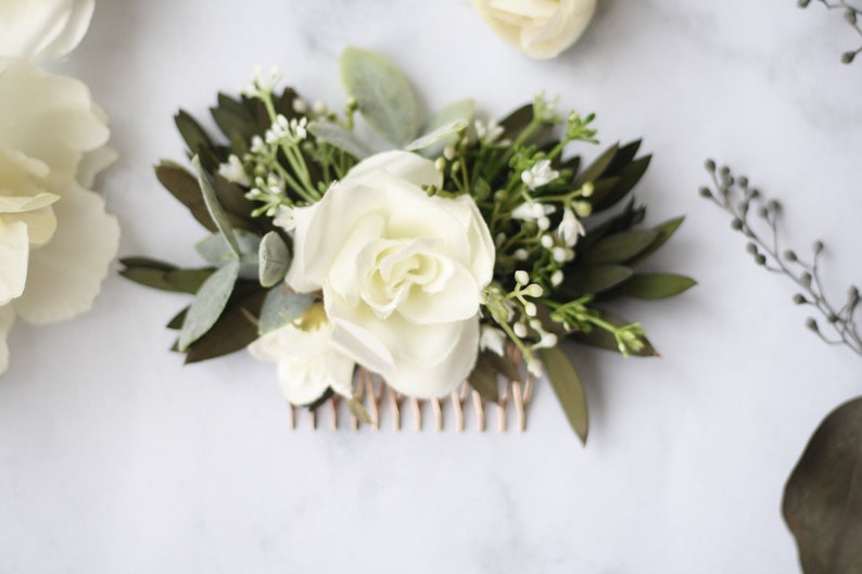 Eucalyptus peigne cheveux verdure bébé souffle peigne succulent cheveux vigne blanc fleur peigne de mariée morceau de cheveux fleur peigne floral épingle à cheveux épingle image 1