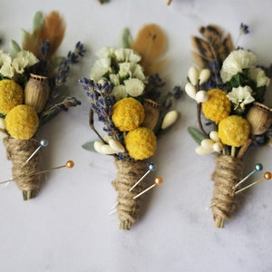 dried flower boutonniere lapel pin yellow flower boutonniere lavender Groomsmen buttonhole natural greenery flower boutonniere MEADOW image 5