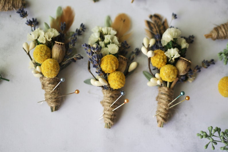 dried flower boutonniere lapel pin yellow flower boutonniere lavender Groomsmen buttonhole natural greenery flower boutonniere MEADOW image 5