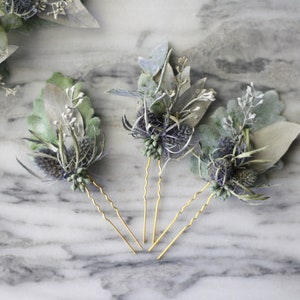 blue thistle eucalyptus hair pins greenery  Bridal hair pin  bridal hair piece winter wedding flower hair comb floral blue  hair pin bridal